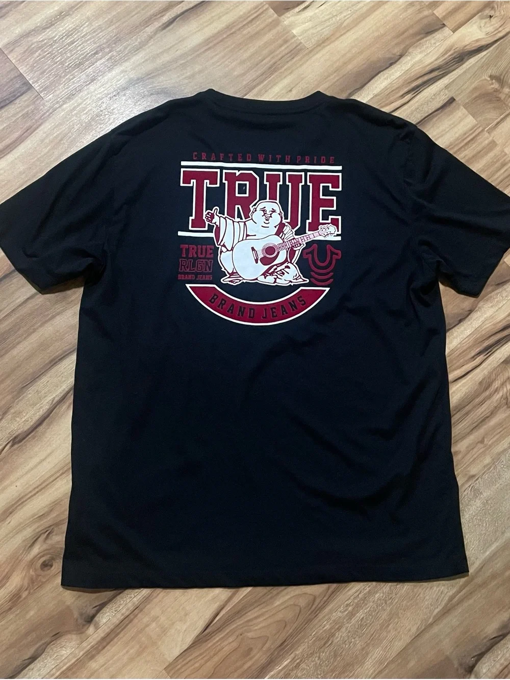 True Religion Black T-Shirt Red Block Letter Buddha Guitar Graphic Tee